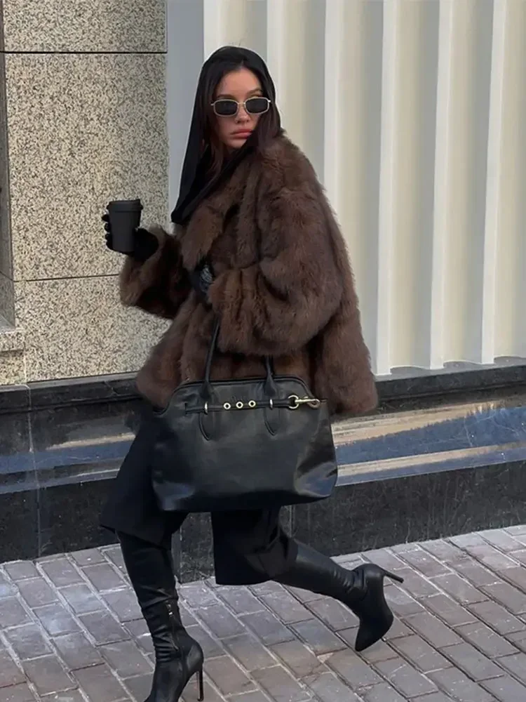 Retro Brown Lapel Artificial Fur Fluffy Coat Women Fashion Long Sleeve Single Breasted Luxury Jackets Female Warm Streetwear