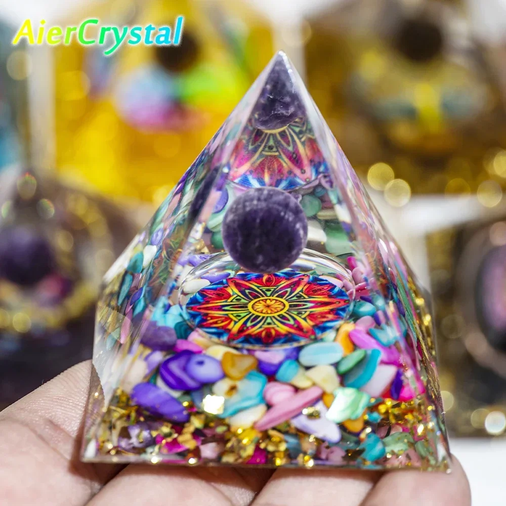 2in Energy Pyramid Reiki Natural Amethyst Ball Healing Crystals Chakra Tool Ornaments Resin Stones Craft Kids Gift Pyramid Decor