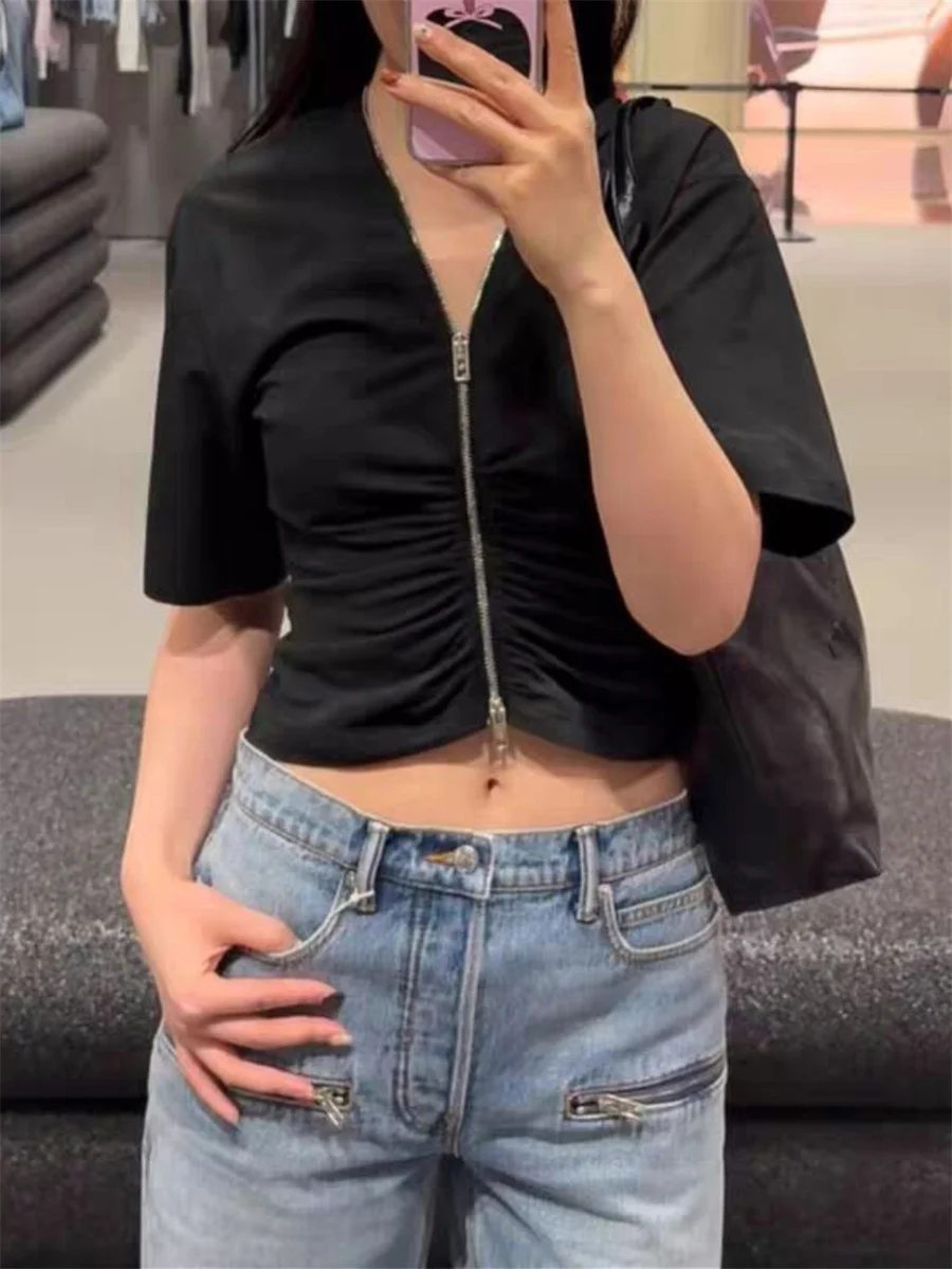 2 Colors Women Slim Fit Tee Tops New 2026 Pleated Zipper Tight Fitting Short Sleeved T-Shirt All-Match
