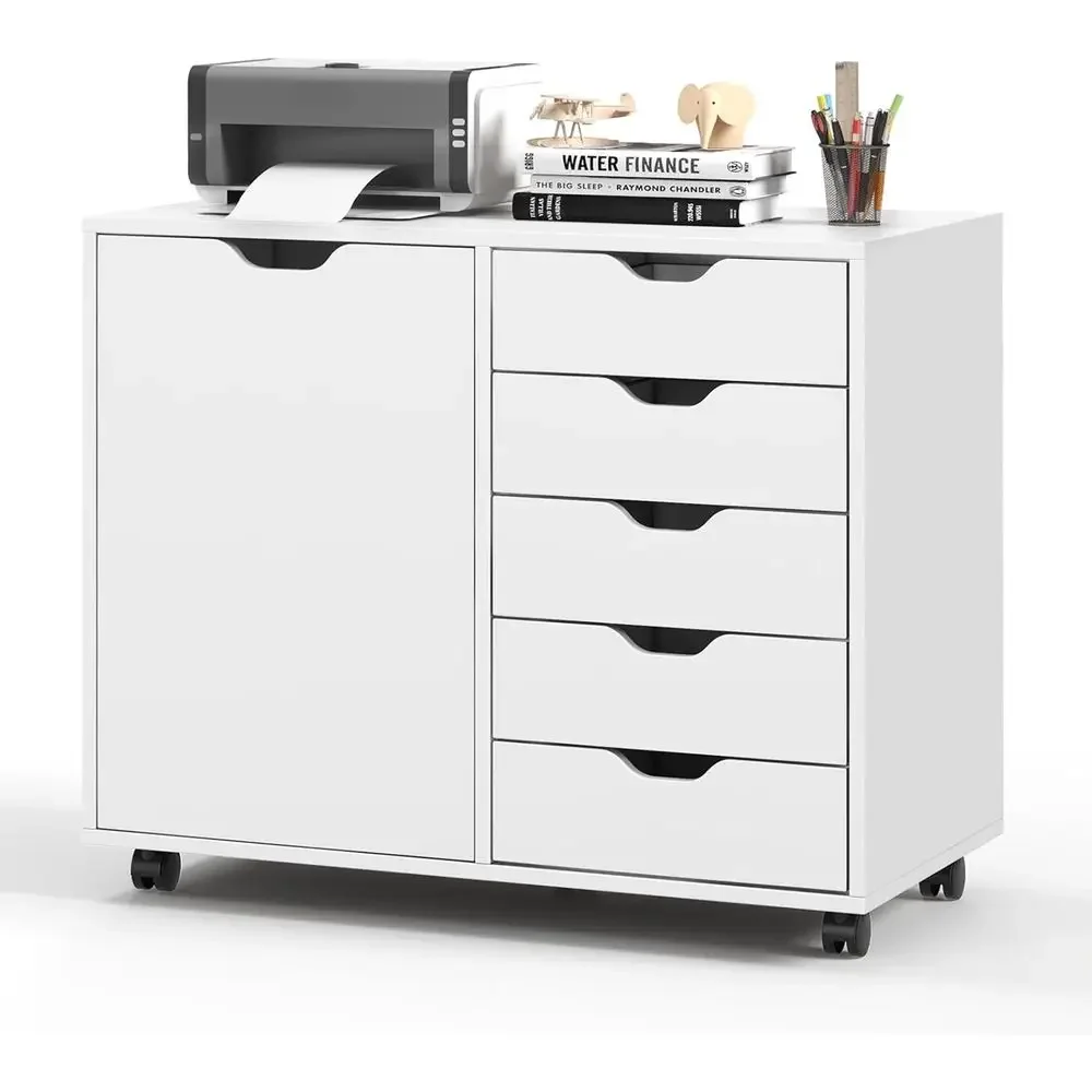 5-Drawer Lateral File Cabinet with Casters, Adjustable Shelves, Printer Stand, and Rolling Storage for Home Office, White