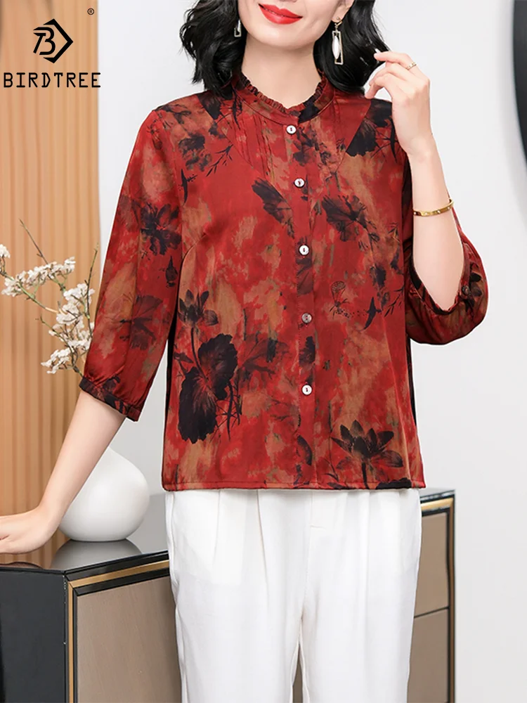 

BirdTree Watered Gauze, 100%Real Silk Elegant Shirts, Women Floral, Mom Oversize Retro OL Blouses, 2024 Summer New Tops T44494QM