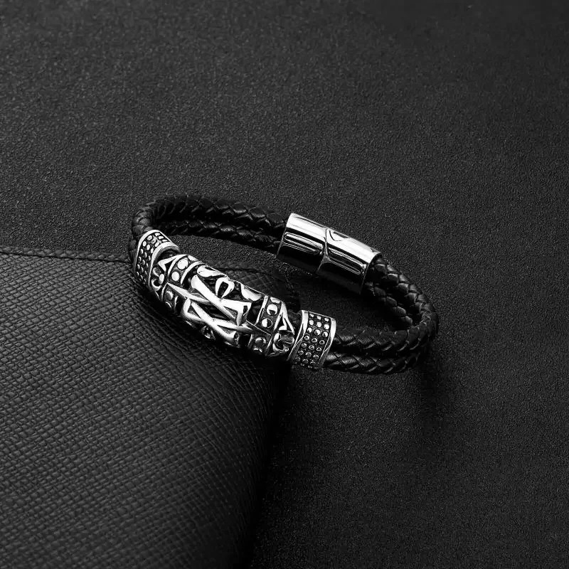 Classic Star of David Leather Bracelet Men\\'s Charm Handwoven Leather Bracelet with Magnetic Clasp Religious Pagan Jewelry