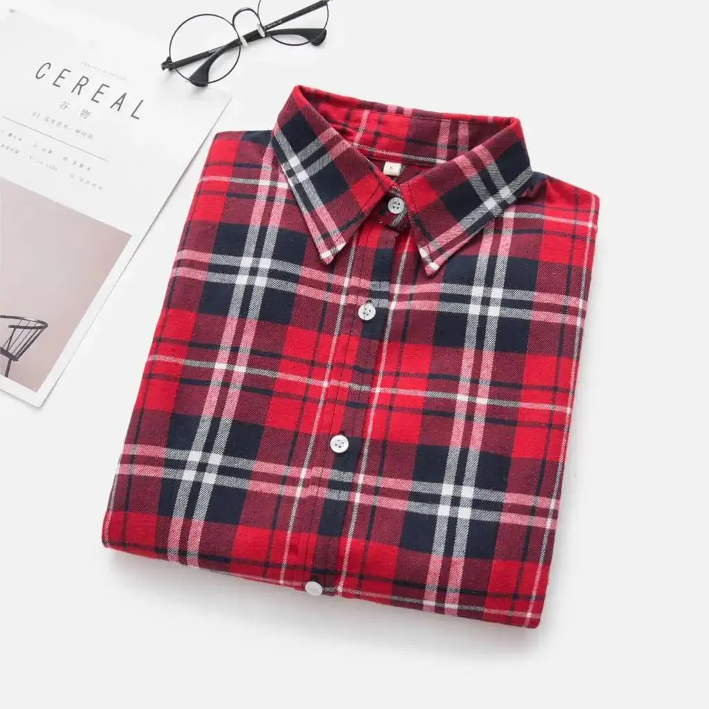 Brand Casual Women Long Sleeve Shirts 2023 New Elegant Cotton Flannel Plaid Shirt Fine Female Blouse and Tops Lady Clothes