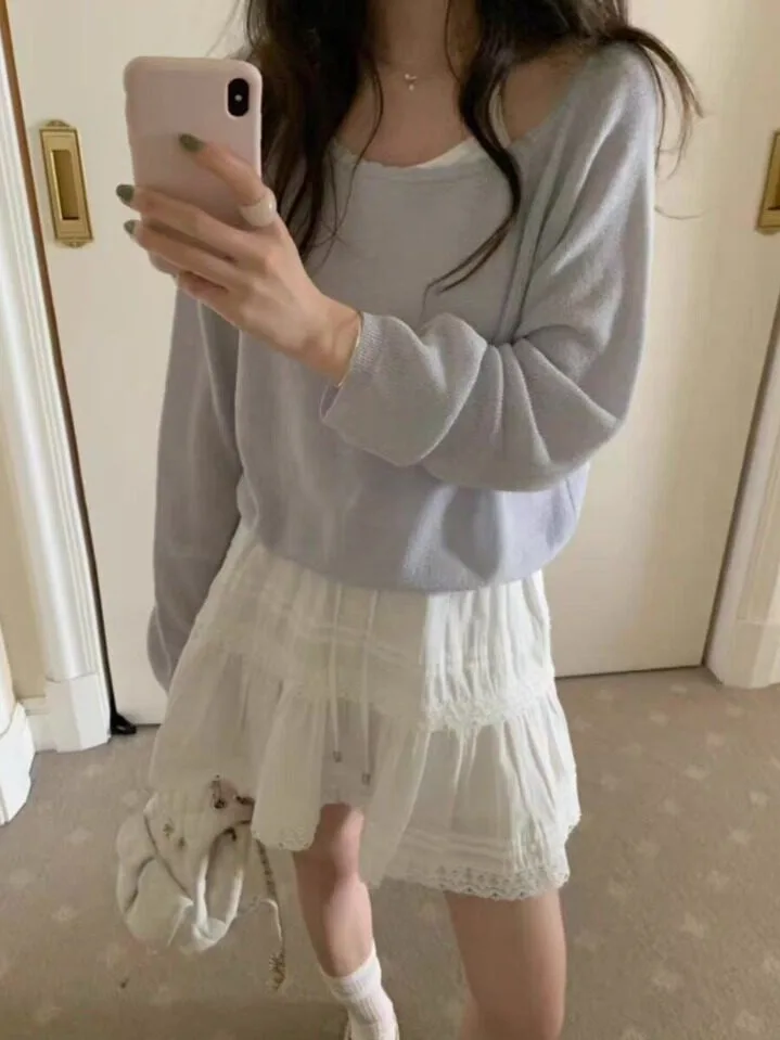 Chic Summer New Style Thin Long Sleeve Knitted Shirt Shoulder Bared Wave  Korean Style Casual Fashionable Women's Sweater