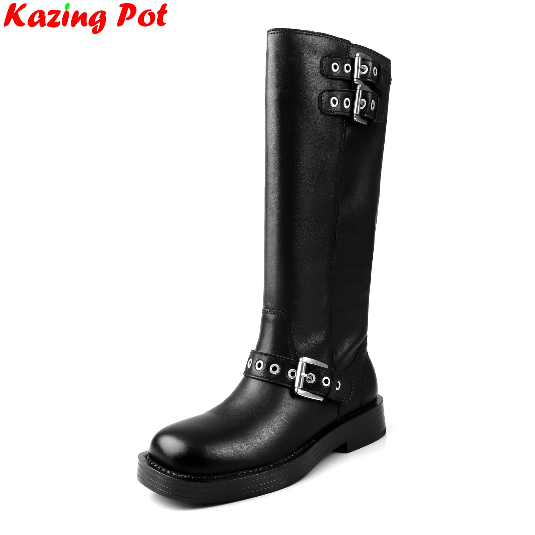 

Krazing Pot Cow Leather Round Toe Med Heels Riding Boots Dating Autumn Winter Shoes Rivets Belt Buckle Ins Women Knee-high Boots