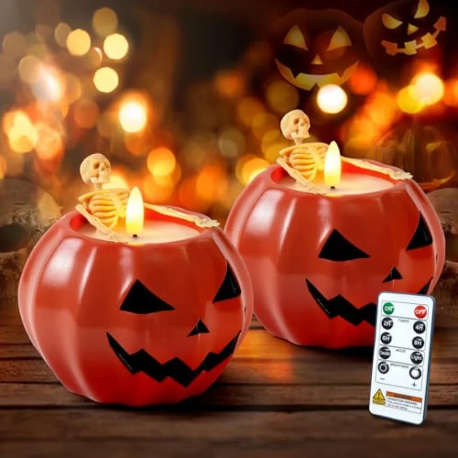

Halloween Flameless Pumpkin Candles 2Pcs LED Real Wax Pumpkin Lamp with Skeleton Flickering Battery Operated Candles with Remot
