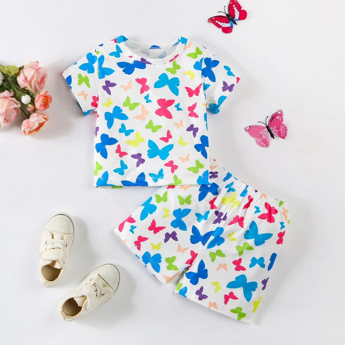 

Children's summer rainbow butterfly print set, men's and women's pure cotton short sleeved T-shirt+shorts two-piece set