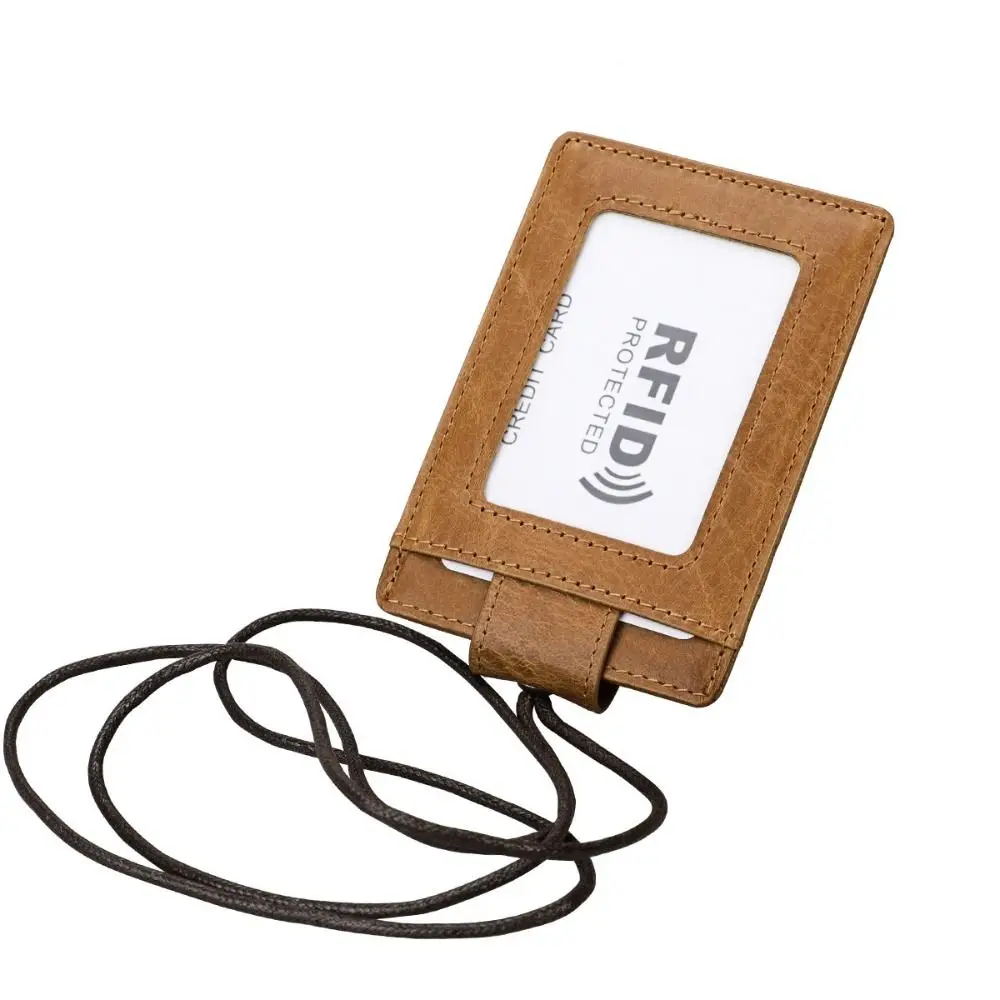 Genuine Leather ID Card Holder RFID Blocking Identity Badge RFID Blocking Card Cover With Lanyard Slim Wallet Work Card Holders