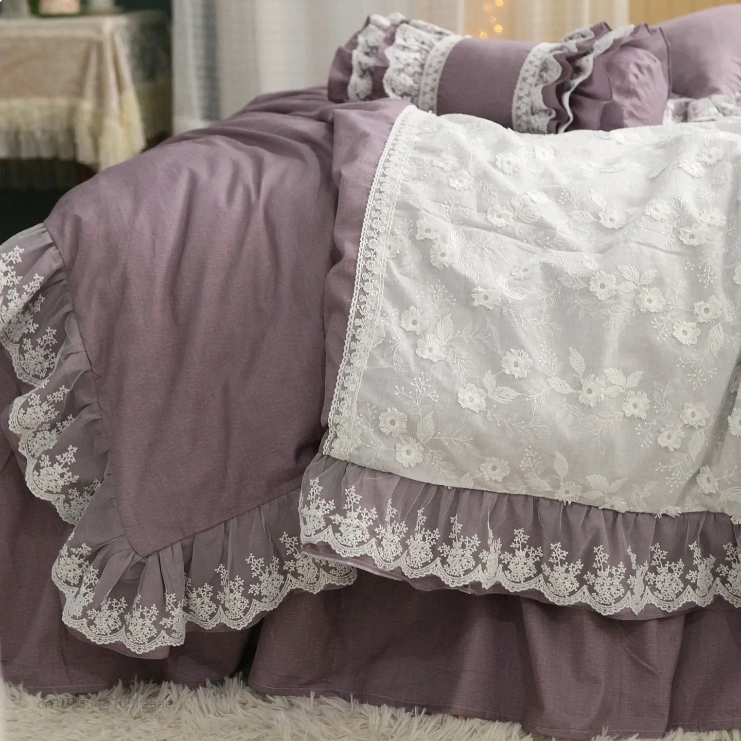 Monet Purple Mist French Korean Princess Lace Heavy Cotton Bed Skirt 4Pcs Set