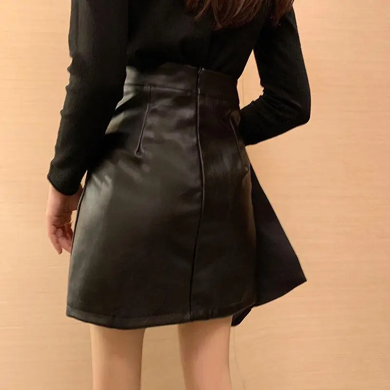 Women\'s Leather Skirts Black Gothic High Waist Split Short Skirt Fashion  Vintage Casual Bottoms Plus Size Female Y2k Clothes