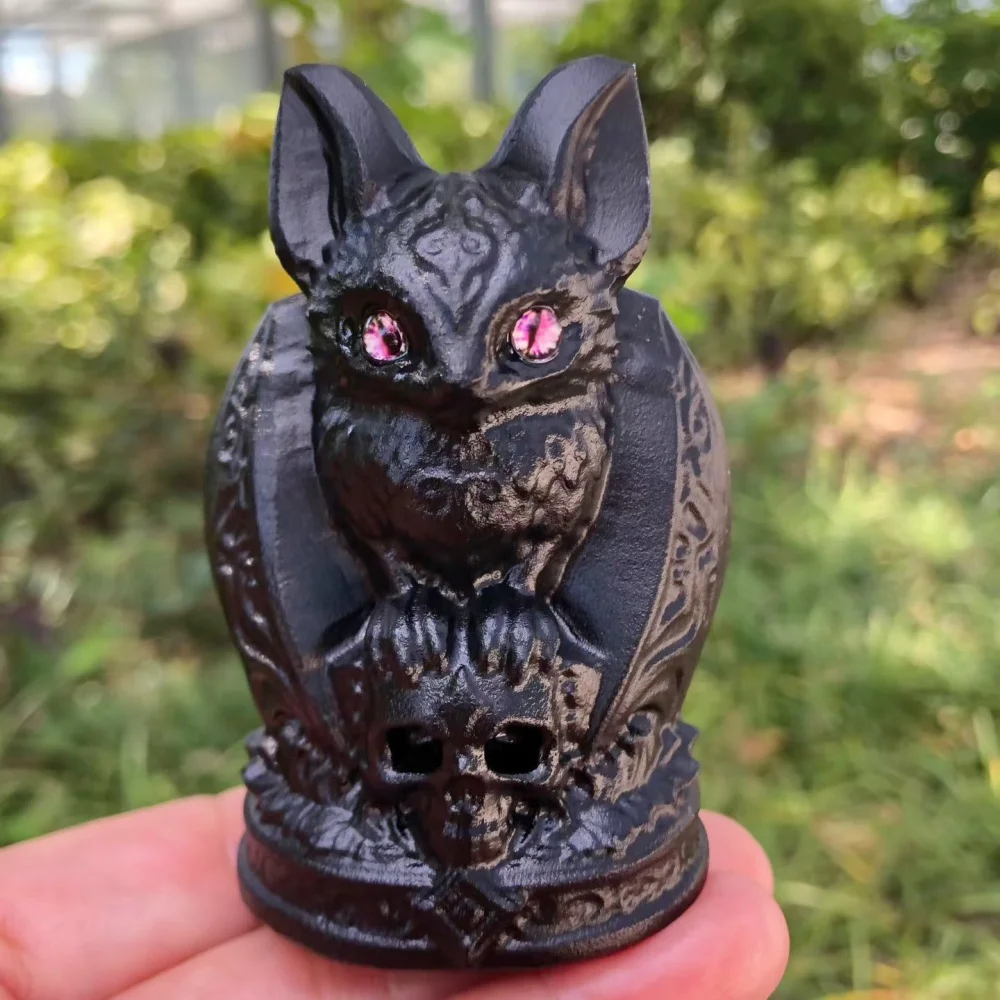 3inch Natural Obsidian Bat Statue with Skull Base, Crystal Figurine, Pink Rhinestone Eyes, Gothic Halloween Home Decor Ornament