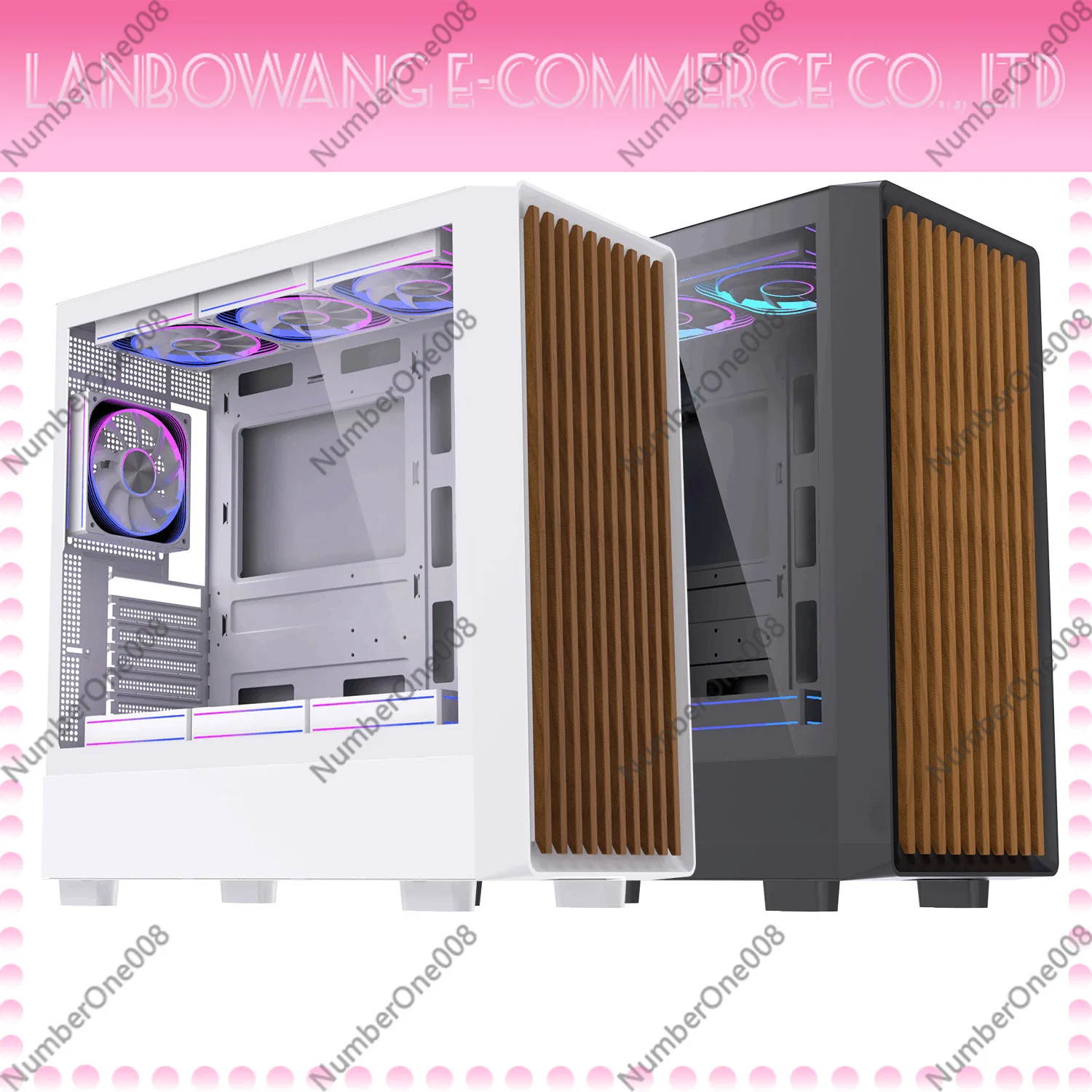 E-ATX Desktop Computer Case Tempered Glass Side Panel Wood Texture Gaming PC Chassis Supports 360mm Radiator