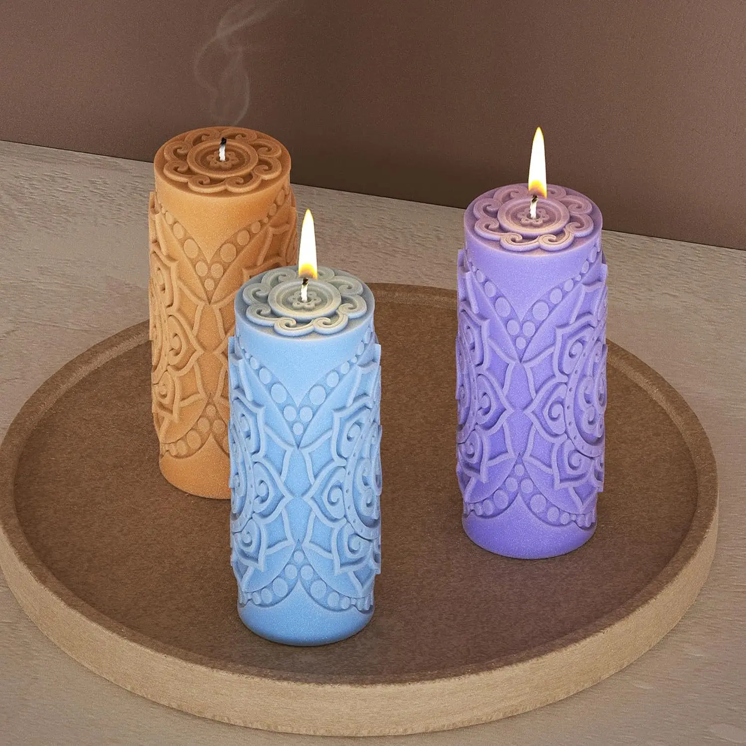 Embossed Mandala Flower Cylindrical Scented Candle Silicone Mold DIY Star Moon Pattern Flower Column Plaster Ornaments