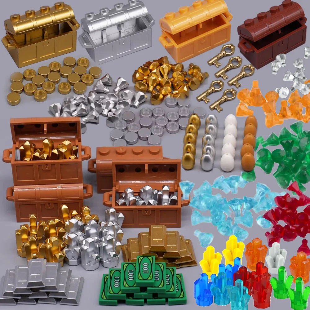 

MOC Treasure Building Blocks Chests Diamonds Gold Silver Colored Ores US Dollars Cash Gemstones Coins Money Key Toys Gifts A018