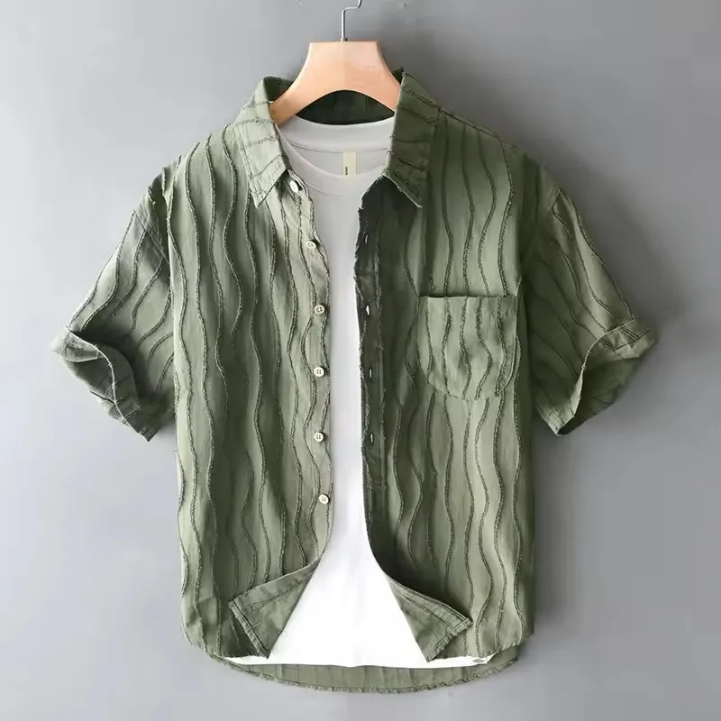 

2026 Spring Summer New Simple Loose Solid Color Pure Cotton Short Sleeve Shirts for Men Clothing Breathable Soft Shirts