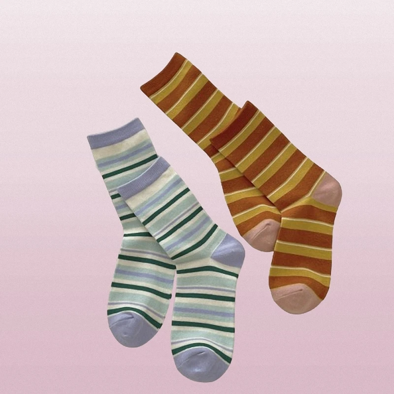 Chaussettes mi-tube en coton peigné pour femmes, chaussettes carillon décontractées, bonbons désossés, chaussettes rayées, haute qualité, printemps et été, 4/8 paires