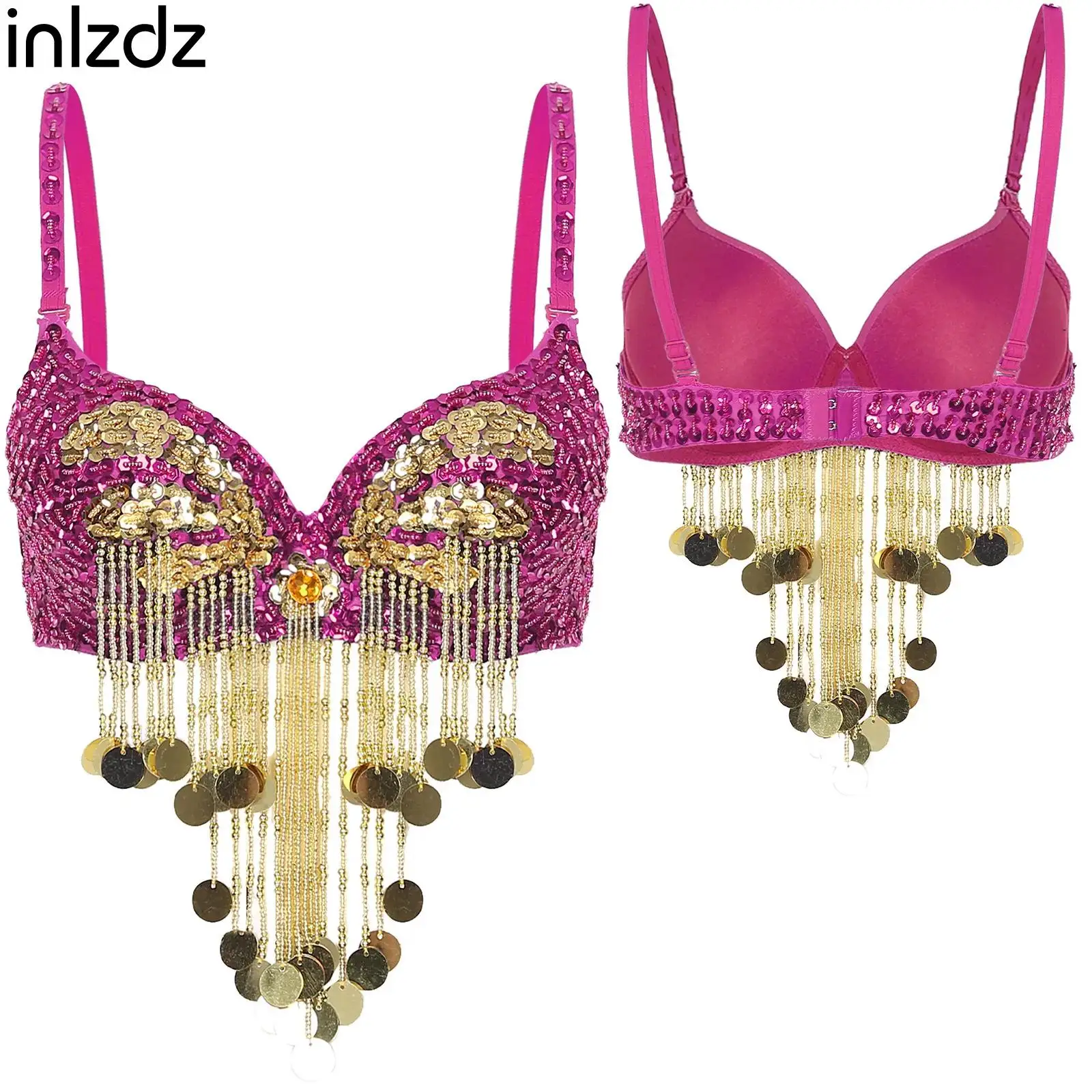 

Womens Belly Dance Costume Adjustable Straps Shiny Sequins Plastic Beaded Tassels Underwired Carnival Bra Tops Performance Wear