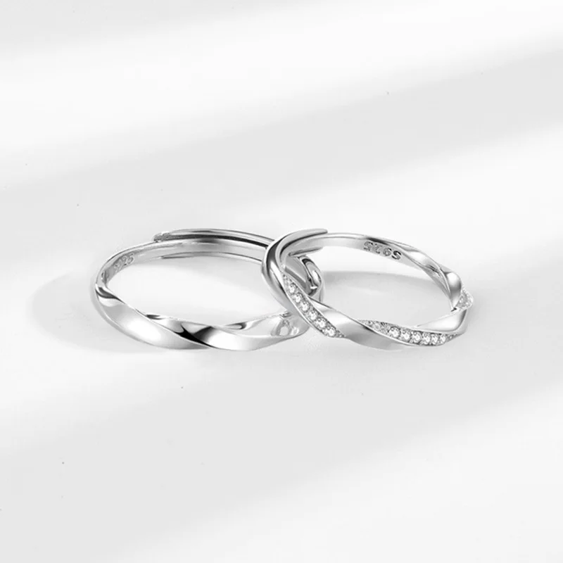 Couple Rings Real Silver Rings for Women ins Wholesale 925 Sterling Silver Zircon Adjustable Mobius Ring Sets Valentine's Gift