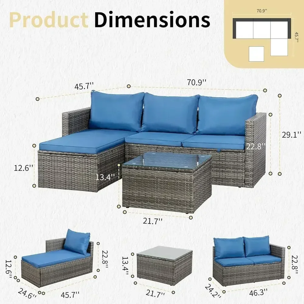 4-Piece Outdoor Wicker Patio Furniture Set with 43 Propane Fire Pit, Blue Cushions for Backyard, Poolside, Garden