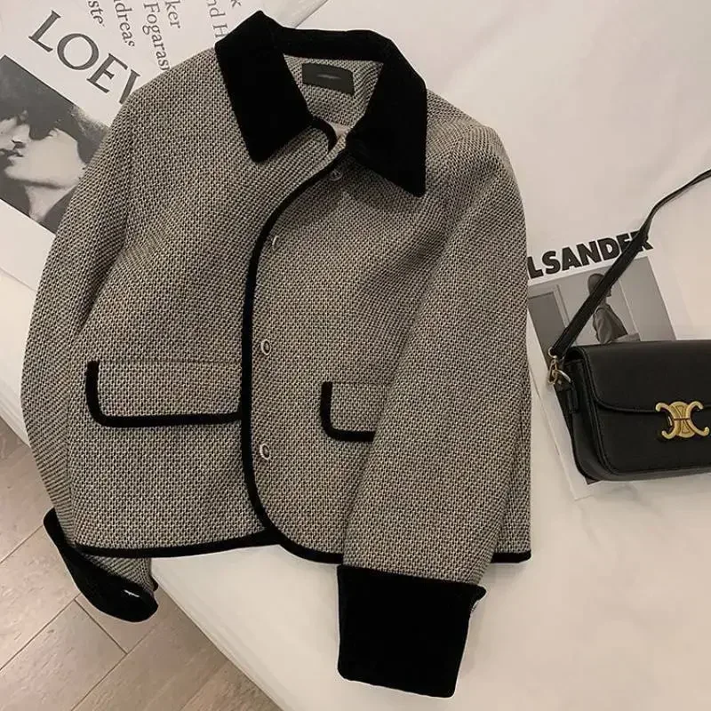 Vintage Turn Down Collar Jackets Women Short Fashion Casual Basic Coats Loose Versatile Splice Blazers Autumn and Winter 2023