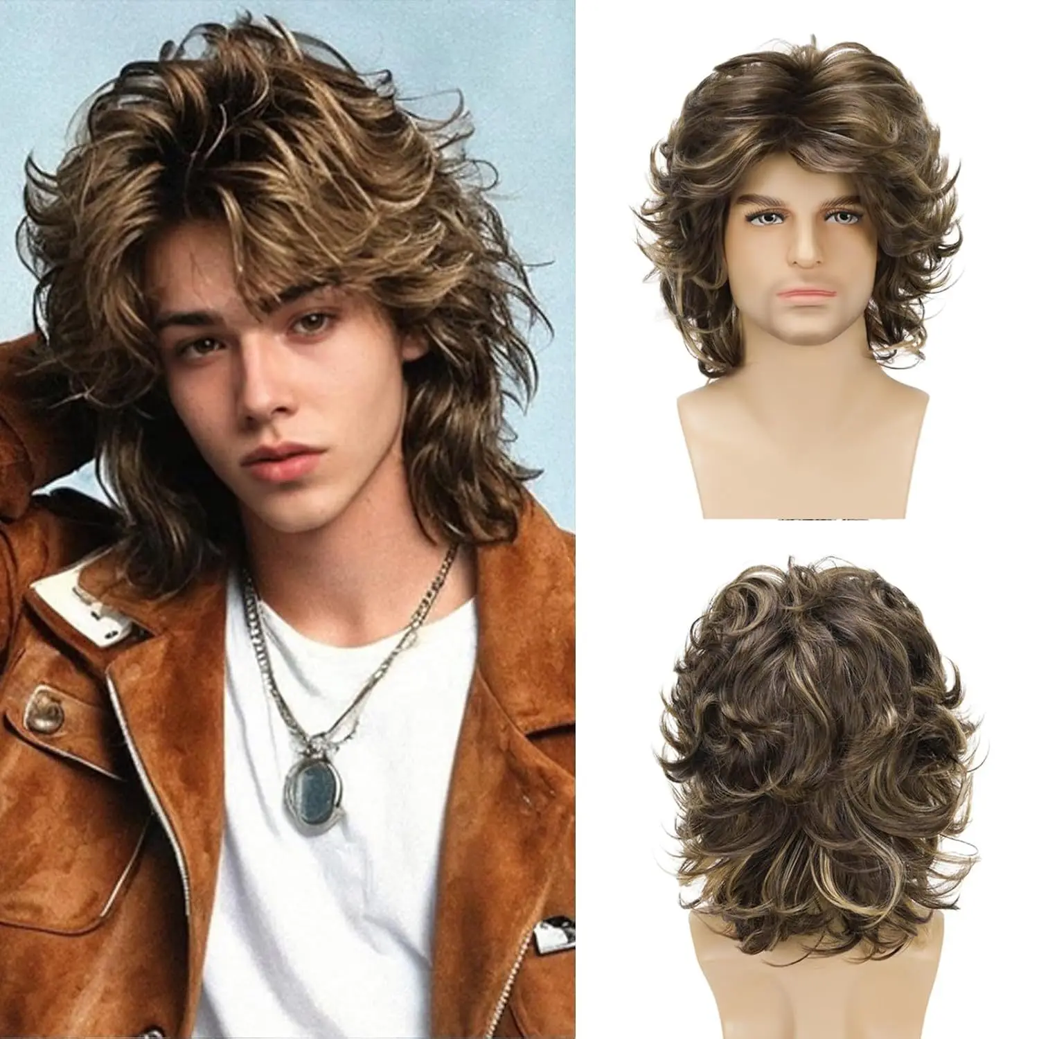 New Men's Medium and Long Curly Hair Wool Roll Wig Brown Mixed Color Chemical Fiber Headgear Wigs