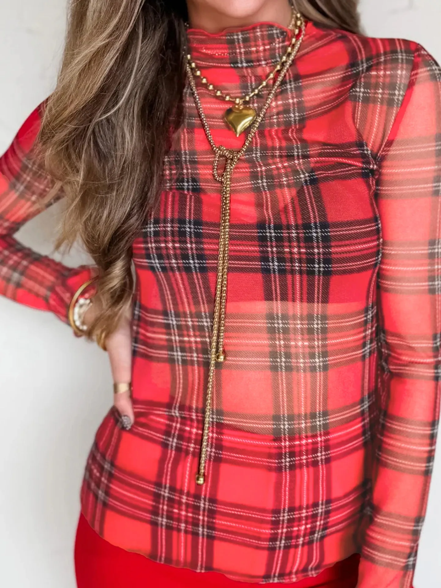DearLover Plaid Color Block Long Sleeve T-Shirt Women's High Neck Mesh Inner Wear Casual Style Polyester Spandex Blend