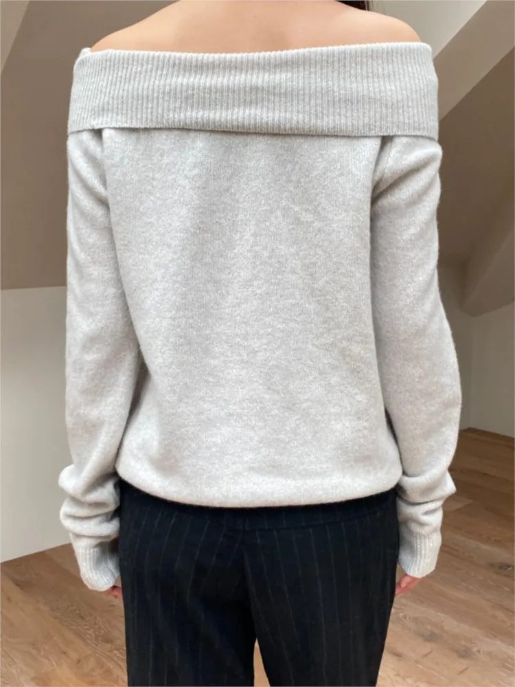 Maglione lavorato a maglia sottile con scollo a barchetta grigio semplice da donna Maglioni casual in cotone a maniche lunghe Maglioni stile dolce preppy vintage Y2K