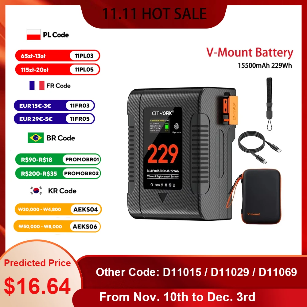 Batteria con attacco a V BP-229 Bateria portatile V-Lock BP con cavo di ricarica rapida PD 65W per videocamera Sony Luce video Blackmagic