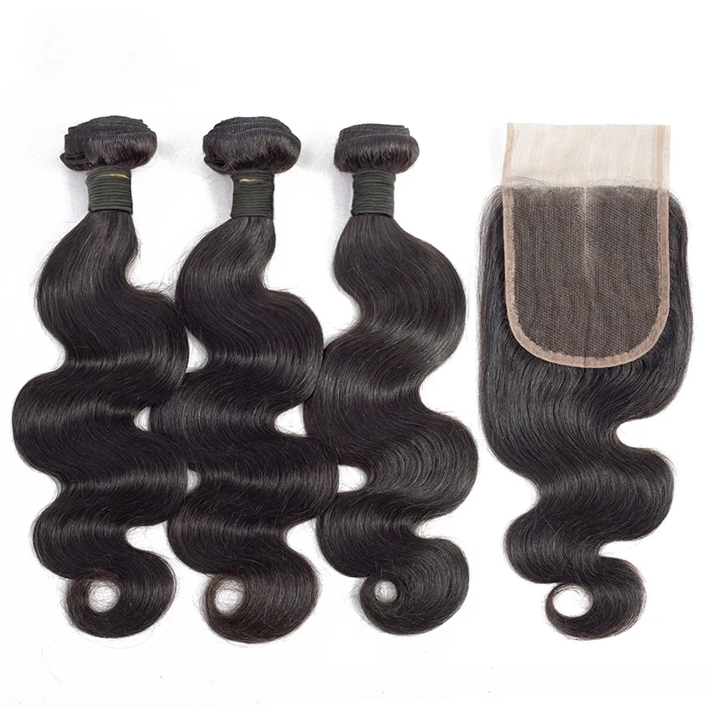 Body Wave 3 Bundels Met Sluiting Braziliaanse Body Wave Menselijk Haar Weave 4X4 Gratis Deel Vetersluiting Natuurlijke bundels Met Sluiting