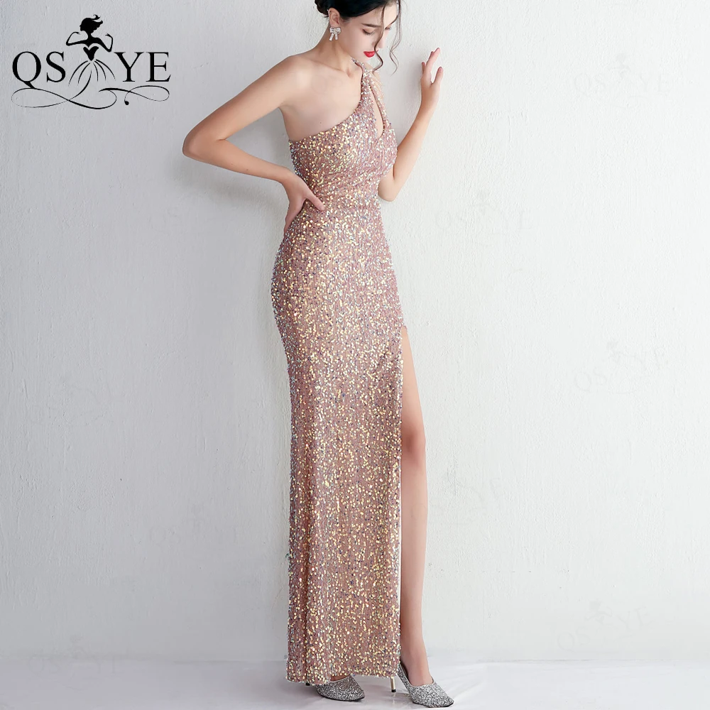 Beading One Shoulder Evening Dresses Beaded Brown Sequin Prom Gown Glitter Sexy Split Party Dress Gold Crystals Formal Gown Chic