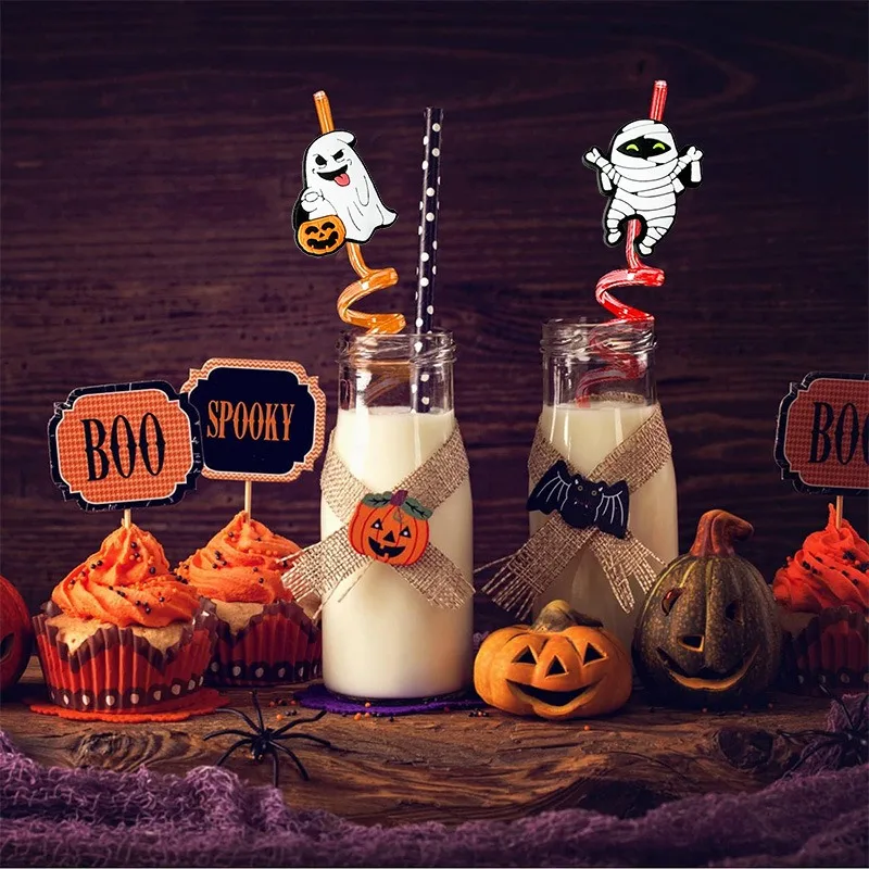 8pcs 27cm Plastic Halloween Straw Reusable Miner Plastic Spiral Drinking Straws Kids Birthday Party Decorations Juice Straws