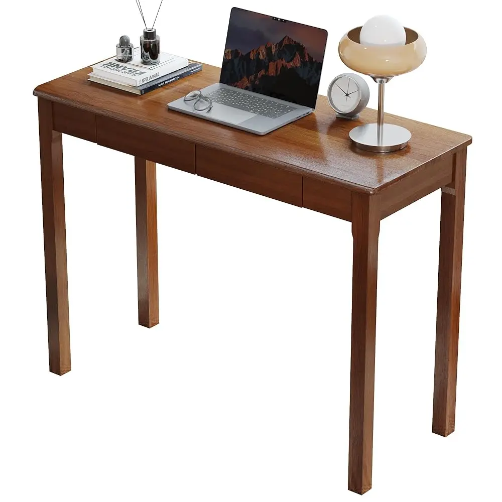 

Solid Wood Desk With Drawers - 39 X 16 H Narrow Desk, Mid Modern Desk, Rubber Wood Vintage Desk, Writing Desk For Small Spaces,