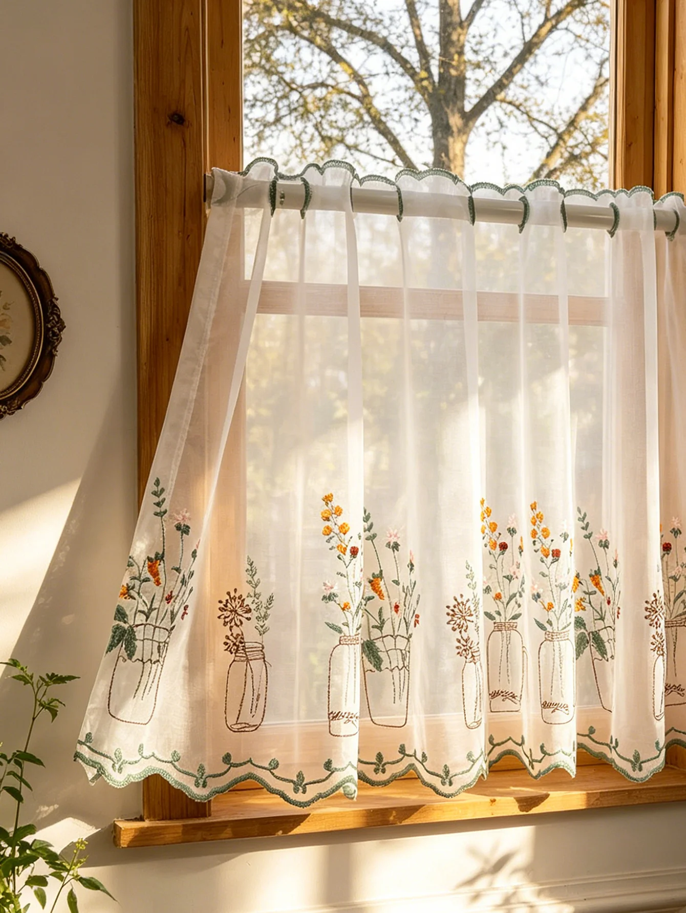 Rustic Farmhouse Floral Sheer Valance Curtain, Vase Flower Embroidered Short Kitchen Curtain, Rod Pocket Light Filtering Window
