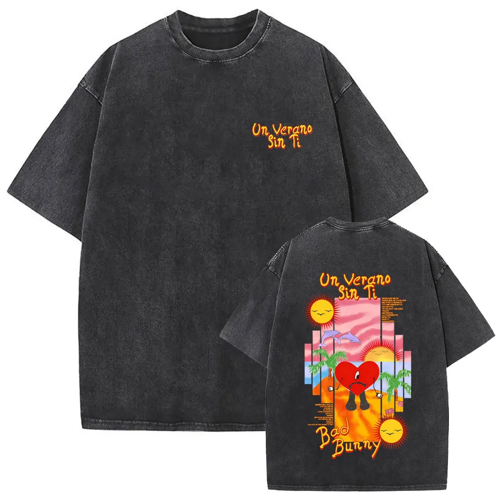 

Washed Vintage Rapper Bad Bunny Un Verano Sin Ti T-shirt Men Women Hip Hop Fashion Oversized T-shirts Male Cotton Retro T Shirts
