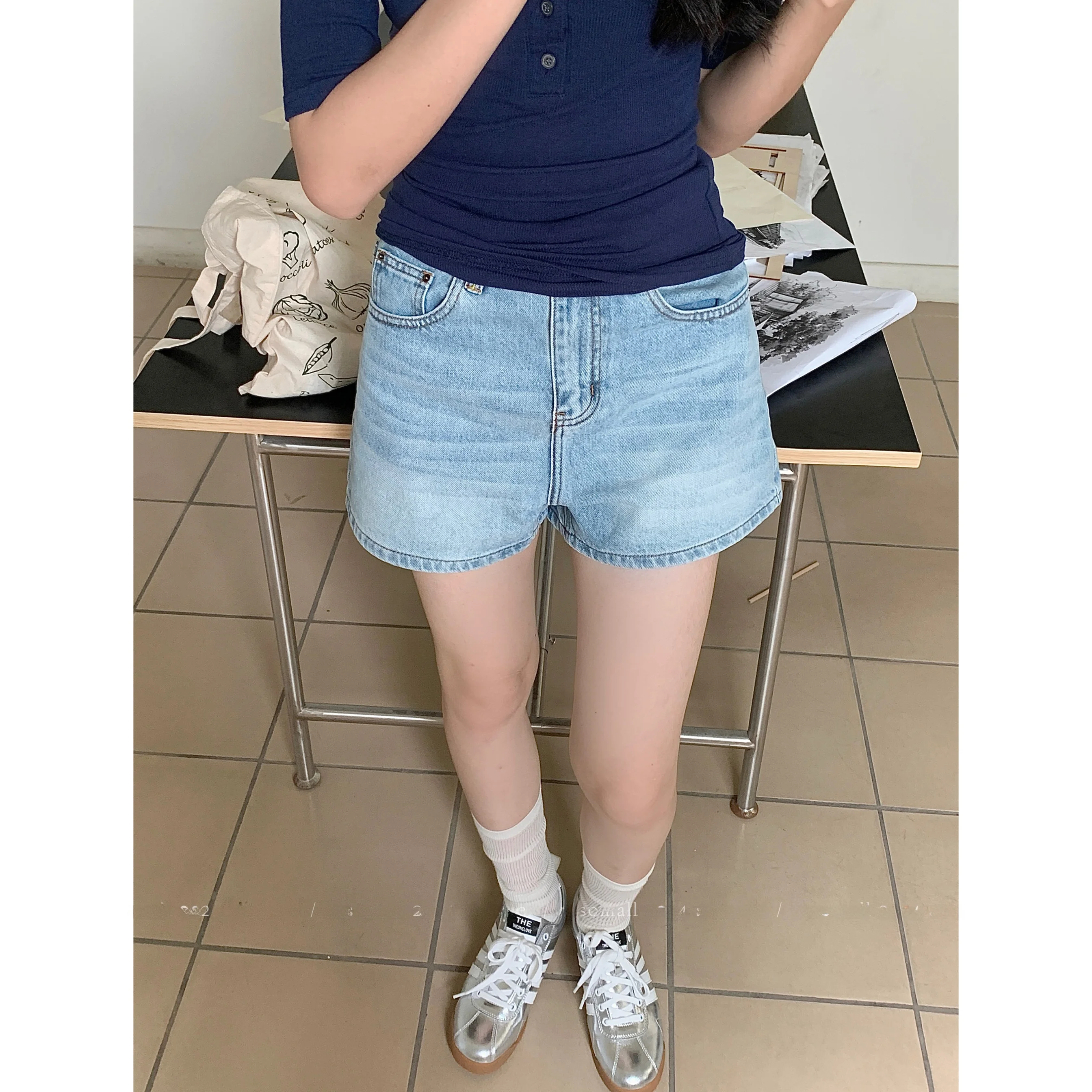 

Sosomall High Waist Waed Light Blue Denim orts Women's Slimming Hot Pants Lengthening Legs Straight Cut Tee-quarter Length