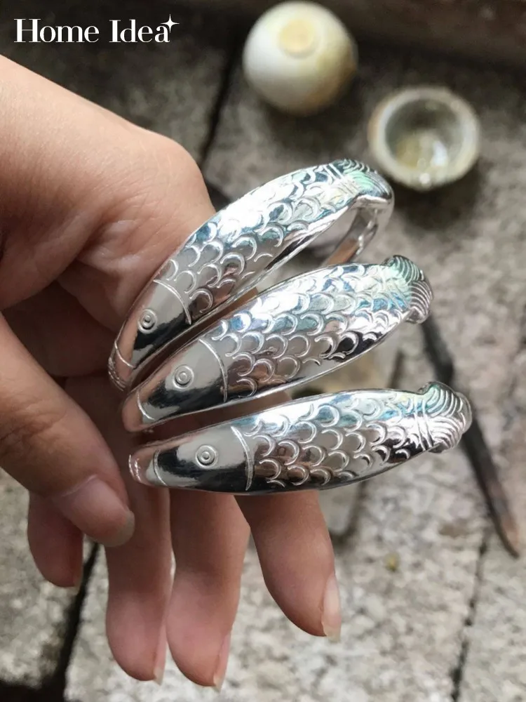 Vintage Fish Shape 999 Sterling Silver Open Adjustable Brancelet Luxury Fine Silver Ladies Retro Jewelry Birthday Gift Customize