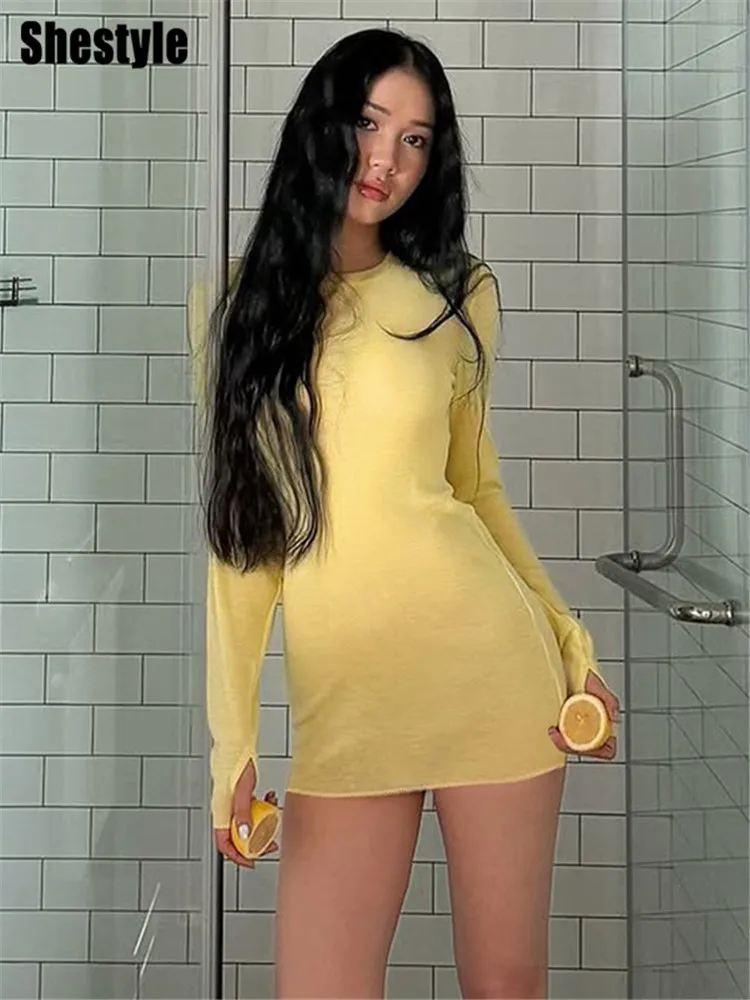 

Shestyle Yellow Solid Sheath Transparent Dress Women Crew Neck Full Sleeve Elastic Sheer Sexy Cute Pullover Dating Clothes Fall