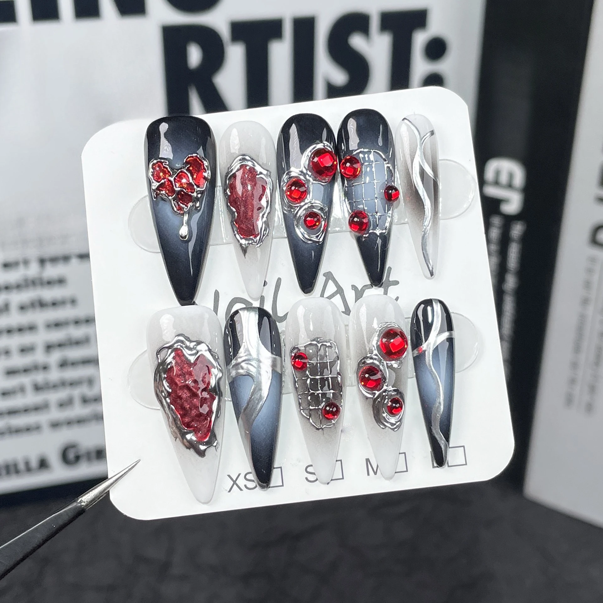 

10Pcs Y2k Dark Sweet Cool False Nails Stiletto Handmade Fake Nails Metal Relief Press on Nails Gothic Red Diamond Nail Art Tip