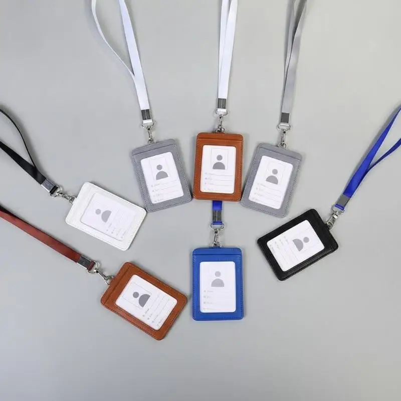 PU Leather ID Badge Card Holder With Neck Lanyard Vertical Horizontal Work Name Tag Sleeve For Office Employee School