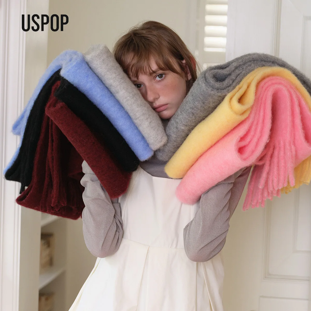 USPOP Alpaca Wool Blend Scarf for Women Winter Korean Style Solid Color Warm Neck Wrap