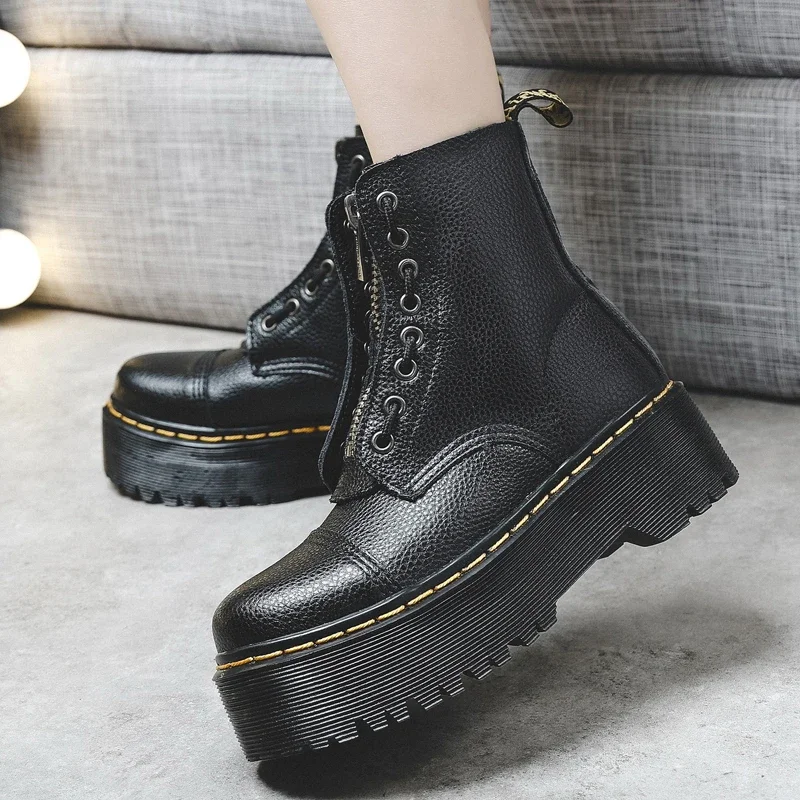 

Women Boots Genuine Leather Platform Boots Motorcycle Shoes Front Zipper Optical Soles Fashion Sexy Punk Luxury Men Winter Boots
