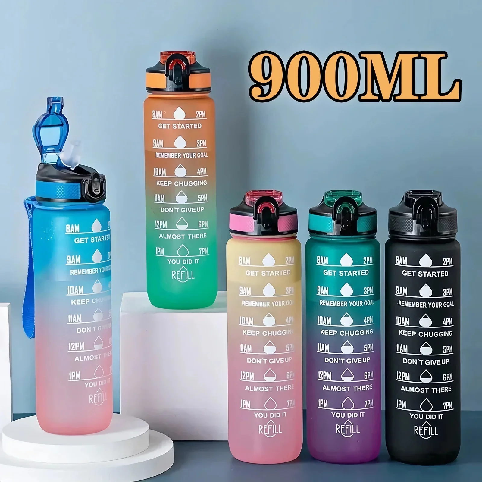 900ML Sports Water Bottle with Time Marker Leak-proof Cup Motivational Portable Water bottle for Outdoor Sport Fitness BPA Free