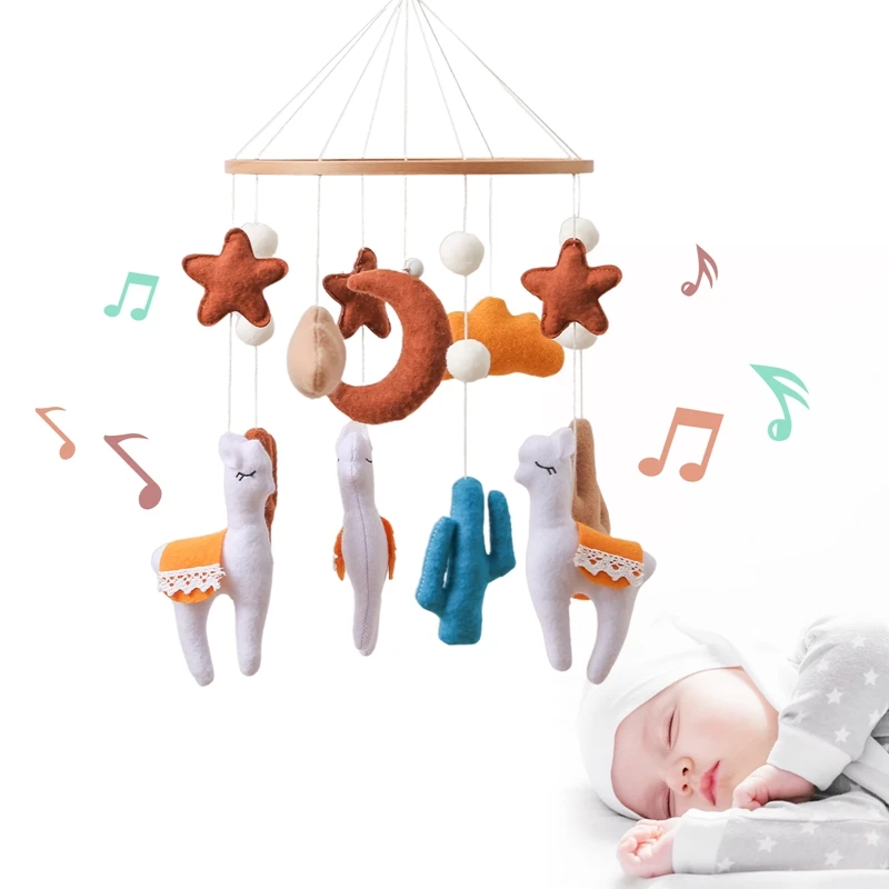 Baby Wooden Mobile Cribs Bed Bell Toys Soft Felt Alpaca Star Moon Star Musical Rattle Toys For Newborn Bedding Hanging Toys