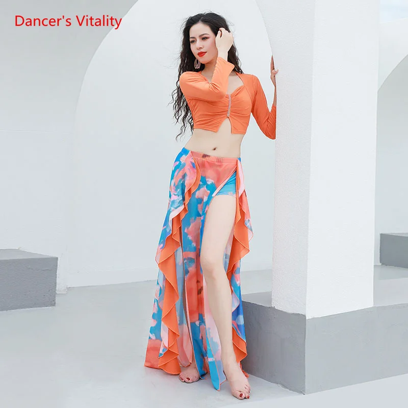 Belly Dance Costumes Set for Women Bellydance Printed Practice Suit Girl\'s Fashion Long Sleeves Top+split Skirt 2pcs Danc Wear