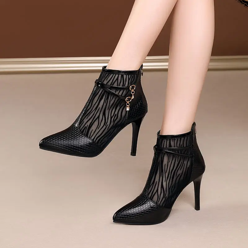 FHC 2024 New Mesh Sandals Boots,Women High Heels Botas,Fashion Summer Shoes Booties,Pointed Toe,Howllow Out,35-42,Black,Dropship