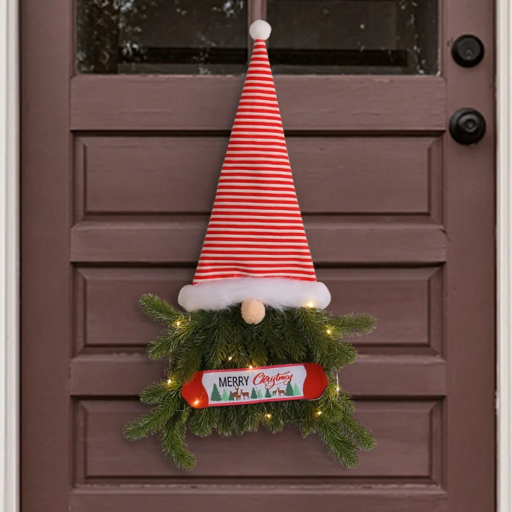 Gnome Hat Wreath with LED Light Christmas Wreath for Front Door Artificial Pine Spruce Hanging Ornament Santa Gnome Home Decor