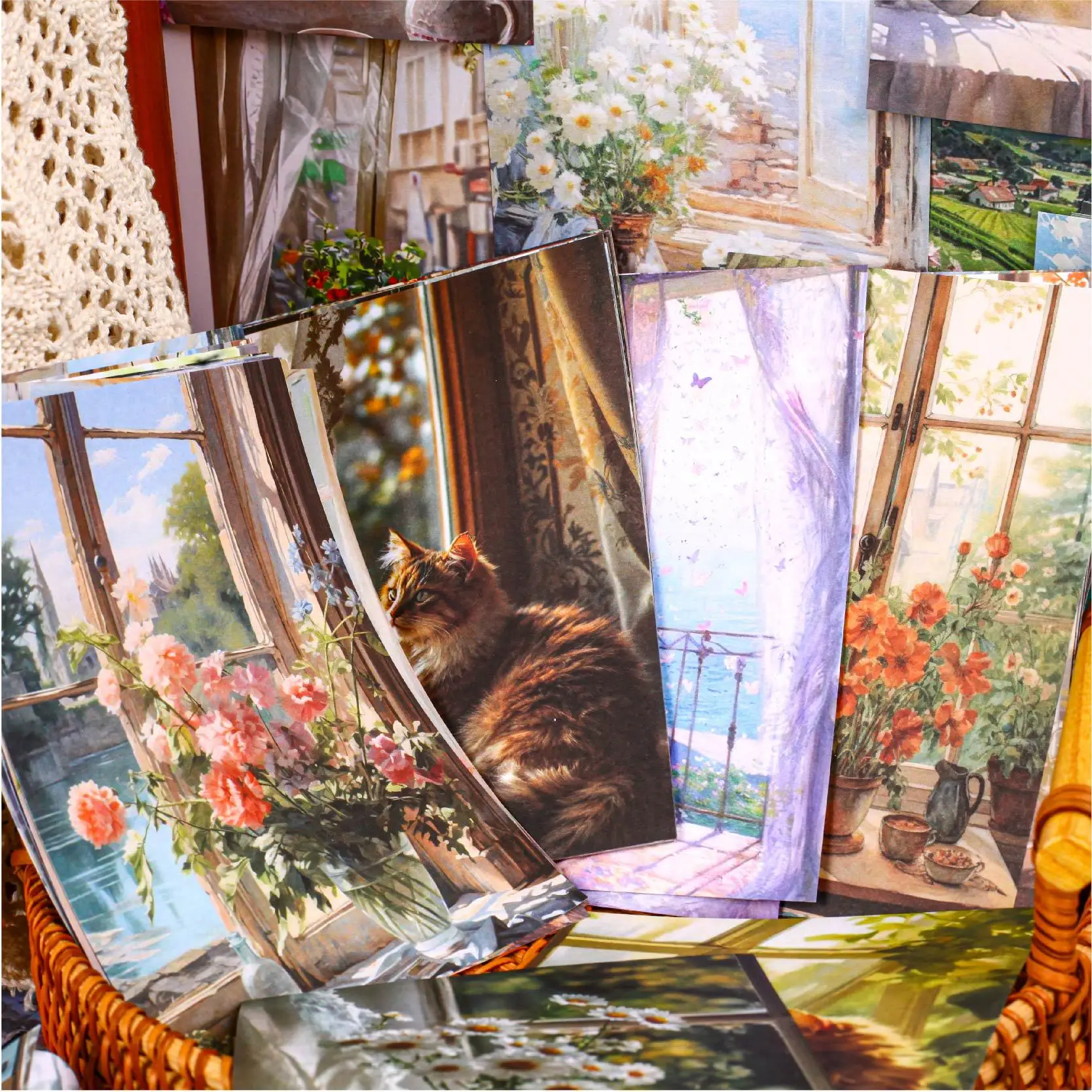 นอกหน้าต่าง Series Vintage ดอกไม้ภูมิทัศน์ทะเลวัสดุกระดาษสร้างสรรค์ DIY ขยะ Journal Collage สมุดภาพเครื่องเขียน