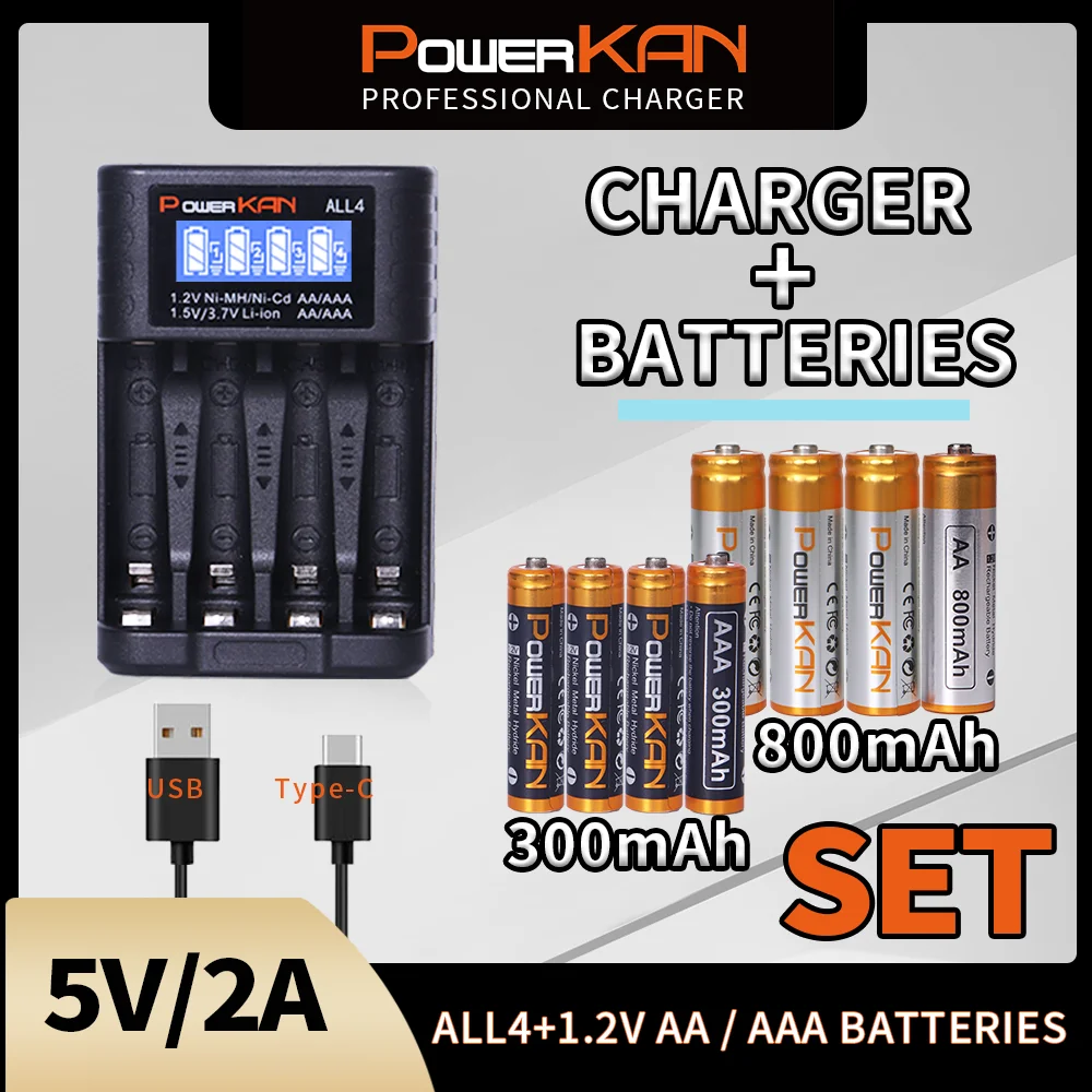 Powerkan ALL4 Charger+Battery Set 1.2V NiMH 4pcs AA300mAh AAA800mAh Rechargeable Batteries Plus LED Display Charging Compo Set