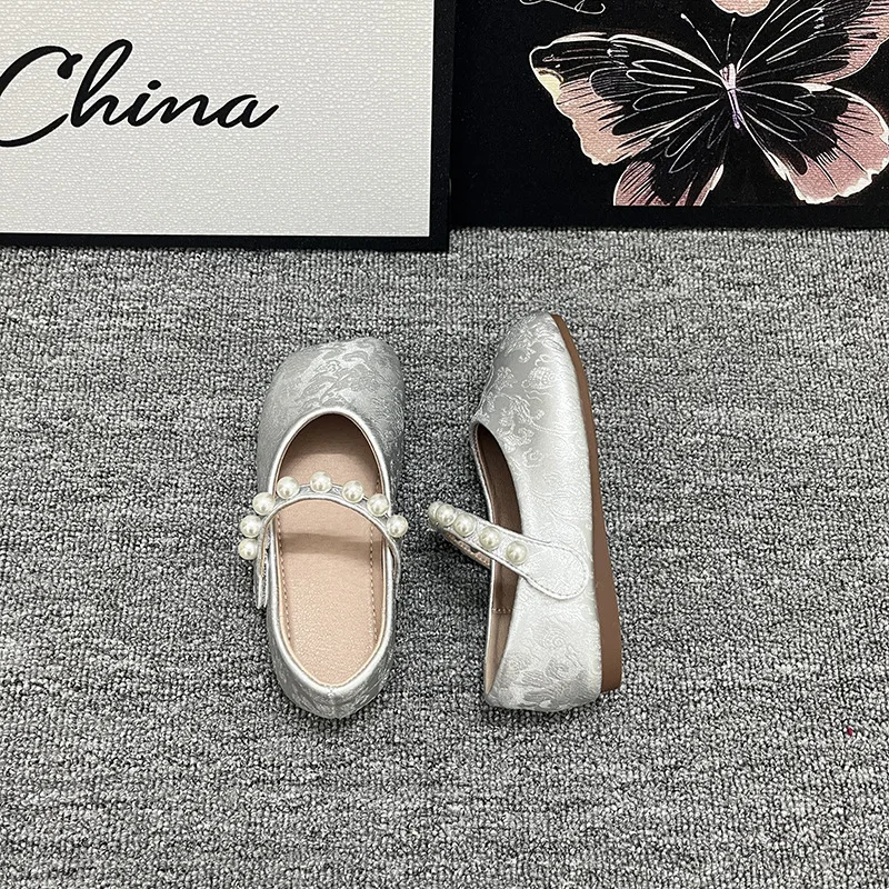 Kids'Casual Shoes PU Leather Spring Fashion Pearl Outdoor Flat Bottom For Girls Designer Anti-slip Silver White Size 23-35