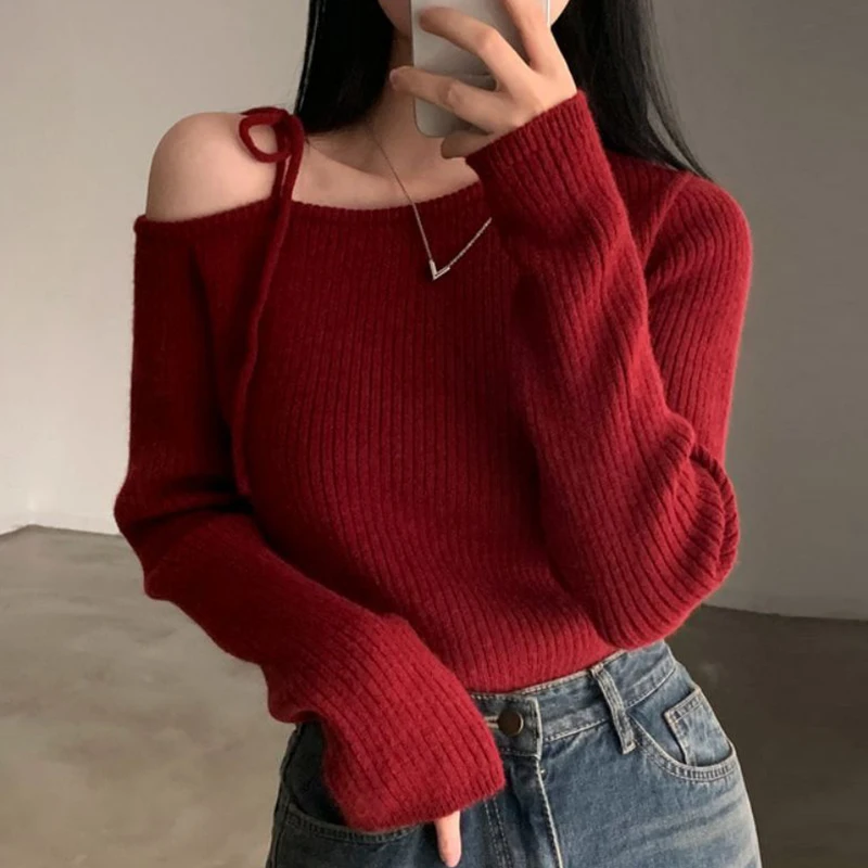 

Chic Winter Knitted Slim Fit Asymmetrical Off-oulder Knot Bow Sweater Ele Long Sve Top for Women